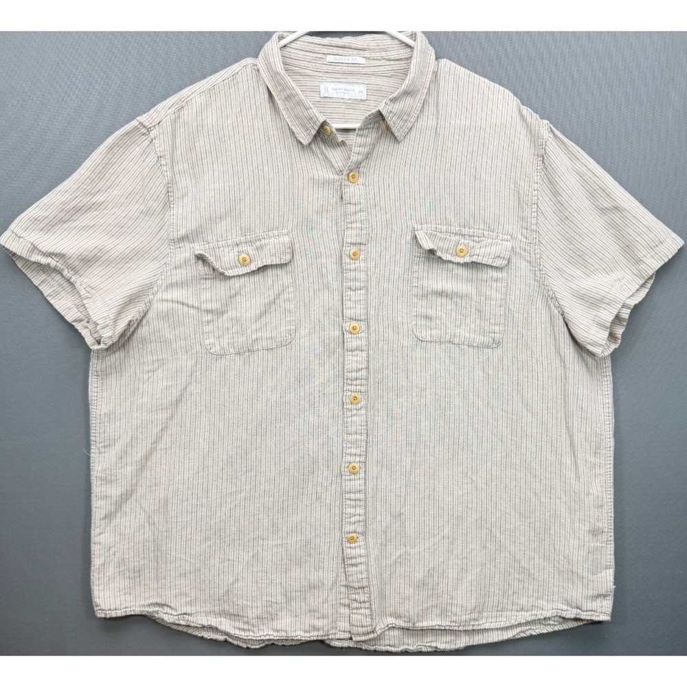 Lucky Brand Classic Fit Short Sleeve Shirt Beige Blue Stripe 7M44169 | Men's XXL